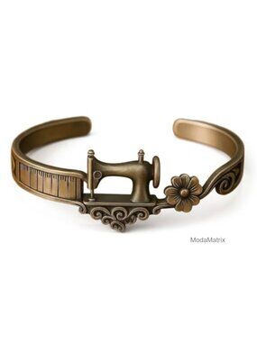 Vintage Sewing Machine Charm Bracelet, Thin Statement Jewelry for Quilters